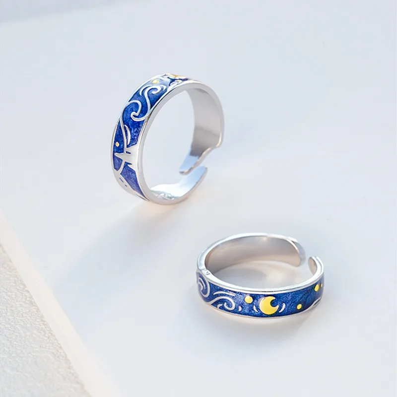 Винтажный стиль Ван Гог звездное небо пара колец серебряное покрытие мужское кольцо регулируемое отверстие Ladys мужские ювелирные изделия дропшиппинг
