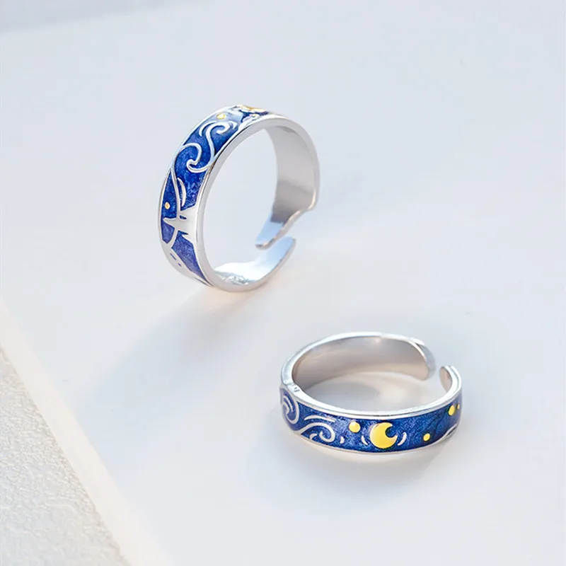 

Vintage Style Van Gogh Starry Sky Couple Rings Silver Plating Male Finger Ring Adjustable Opening Ladys men Jewelry Dropshipping