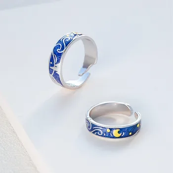 Vintage Style Van Gogh Starry Sky Couple Rings SilverPlating Male Finger Ring Adjustable Opening Ladys men Jewelry Dropshipping