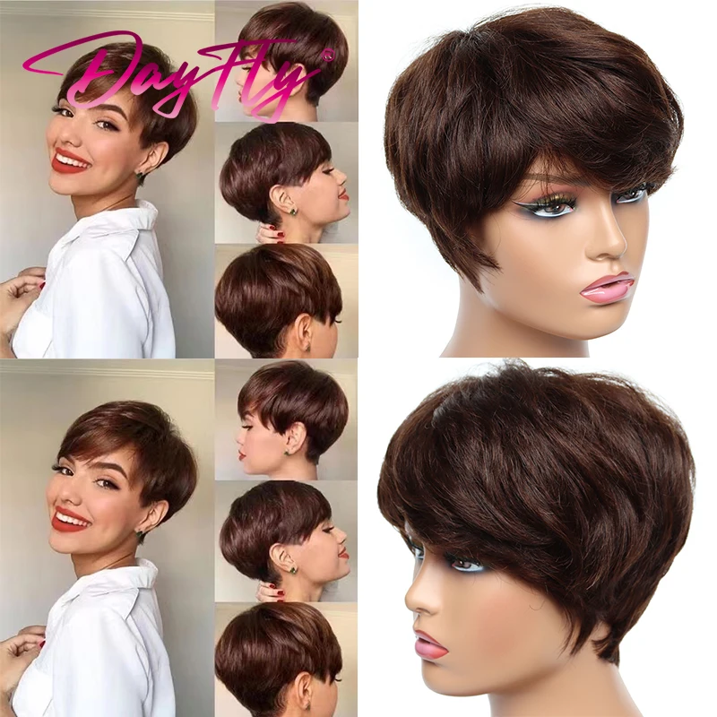 Short Human Hair Pixie Cut Wig Colored Natural Wave Wigs With Bangs Short Ombre Human Hair Wigs For Women Brazilian Hair Wig