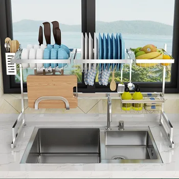 

Thickened 304 Stainless Steel Sink Drain Rack Surface Wire Drawing Technology Kitchen Partition Dish Storage Rack Organizer