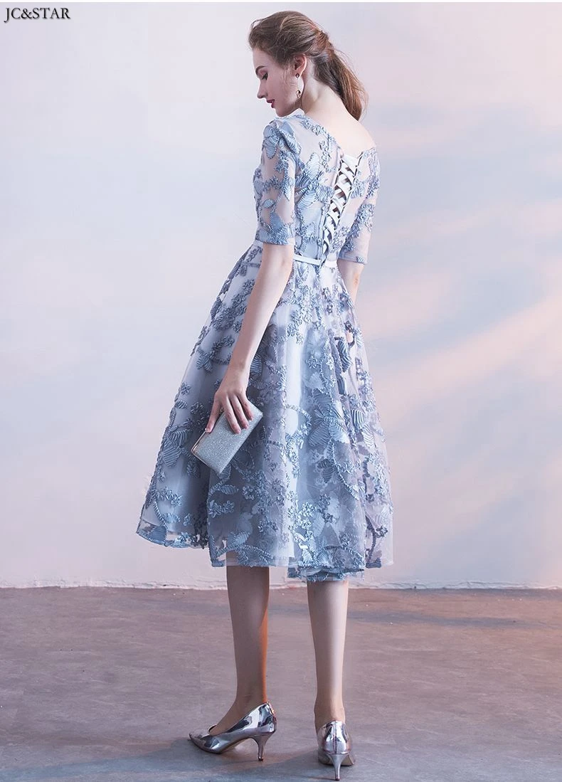 Vestido para casamento convidada; Новинка; кружевное платье трапециевидной формы с рукавом до локтя; цвет синий, шампань, черный, темно-синий, бордовый; платье подружки невесты