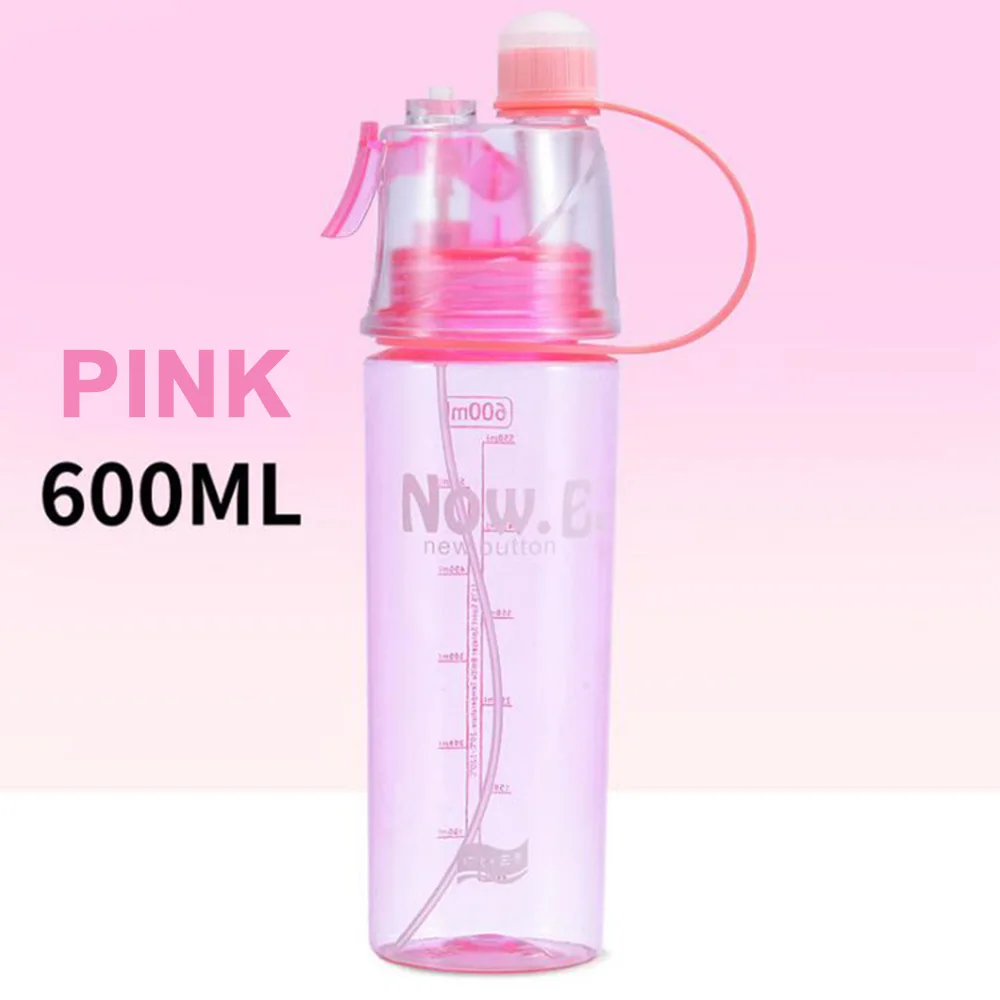 Pink Бутылка для воды с распылителем, 600 мл, бутылка для воды с жидким распылителем, поликарбонат, Спортивная бутылка для питья на открытом воздухе, 4 цвета, для хранения физических упражнений, для дома - Цвет: Pink