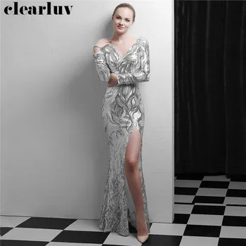 

Long Evening Gowns Long Sleeves Sequined Robe De Soiree DX336-3 2020 Formal Party Gown Silver Sexy V-Neck Women Evening Dresses