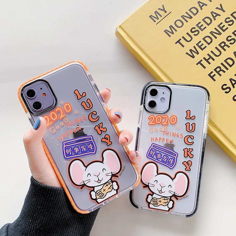 Прозрачный чехол с мультяшным принтом «Lucky mouse» для iPhone X, XR, Xs, Max, 11, 8, 7, 6, 6s Plus, 11Pro, Max, высококачественный Двухцветный Мягкий ТПУ чехол на заднюю панель