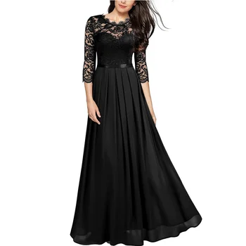

New 2020 Vintage Sexy Lace Women Party Long Dresses Elegant Embroidered Hollow Out Chiffon Maxi Dresses Lady Chic Dresses