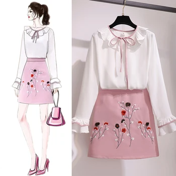 

Autumn White Flare Sleeve Chiffon Blouse Garment Embroidery Mini Skirt Two-Piece Women'S Sets Sweet Suits Cute Dresses