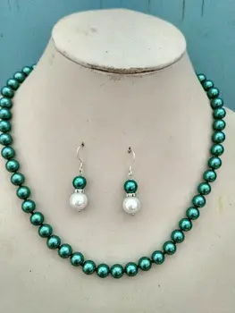 

Long 16-18" 8mm Green Akoya Shell Pearl Necklace+Earring Set