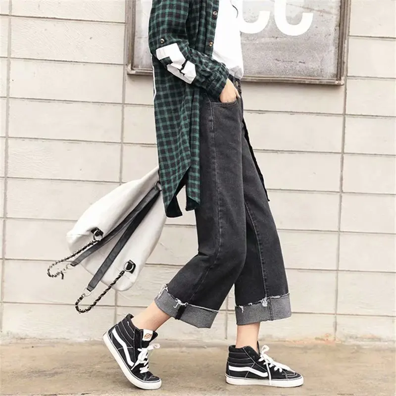 

High waist denim wide leg pants female straight autumn new nine points Korean version of black loose bf student Harajuku pants