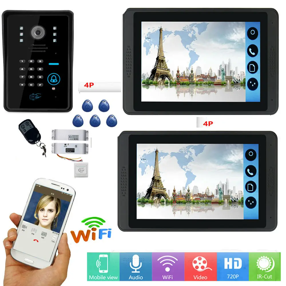 7 Inch wired wifi Video Door Phone Doorbell Intercom 2 Indoor Monitor 1 Outdoor RIFD Camera Night Vision +Electric control lock |