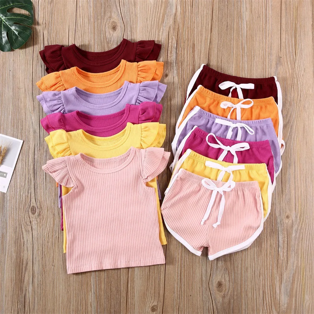 

2020 7 Colors 12M-5T Baby Girl Knitted Clothes 2 Pieces Summer Ruffle Short Sleeve Romper Tops + High Waist Shorts Outfits Set