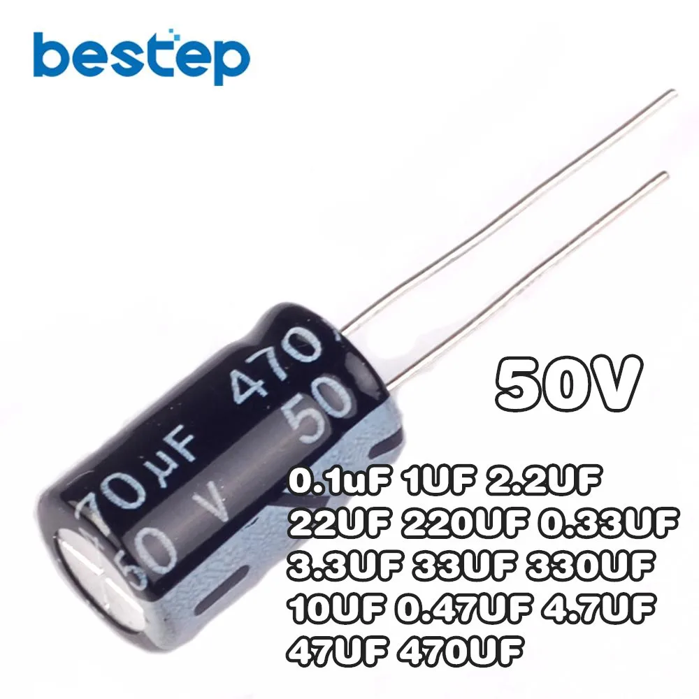 

50PCS 50V aluminum electrolytic capacitor 50V 0.1uF 1UF 2.2UF 22UF 220UF 0.33UF 3.3UF 33UF 330UF 10UF 0.47UF 4.7UF 47UF 470UF