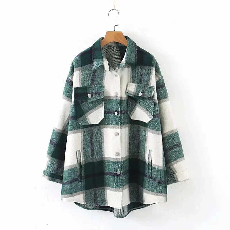 Winter Plaid Shirt Jacekt Loose Oversize Woolen Coat Women Vintage Button Jacket Windbreaker