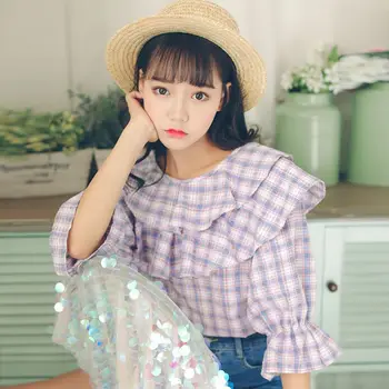 

COIGARSAM Plaid blouse women Short Sleeve Loose Ruffled blusas womens tops and blouses 5063