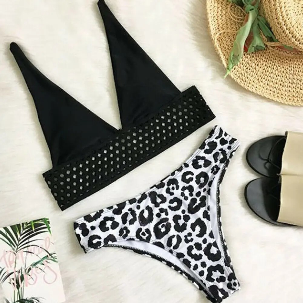 Fashion Women 2PCS Bikini Sets Padded Bra Leopard Print Long Cover-Ups Overall Tops Thong Bottoms Swimwear