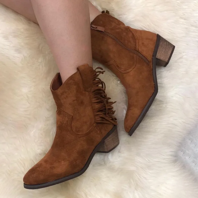 

2019 Spring Autumn Leather Boots Med Chunky Heel Side Zip Pointed Toe Short Ankle Boot Women Casual Plus Size Pumps Shoes