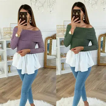 

Women's Off Shoulder Long Sleeve Sweater Ruffles Patchwork Jumper Pullover Ruffles Casual Tops 2020 Autumn Winter Warm Sweater