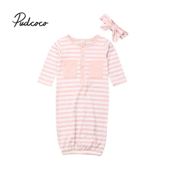 

High Quality 2Pcs Newborn Baby Cotton Long Sleeve Striped Print Swaddle Wrap Knotted Sleepwear Sleeping Bags + Warm Headband