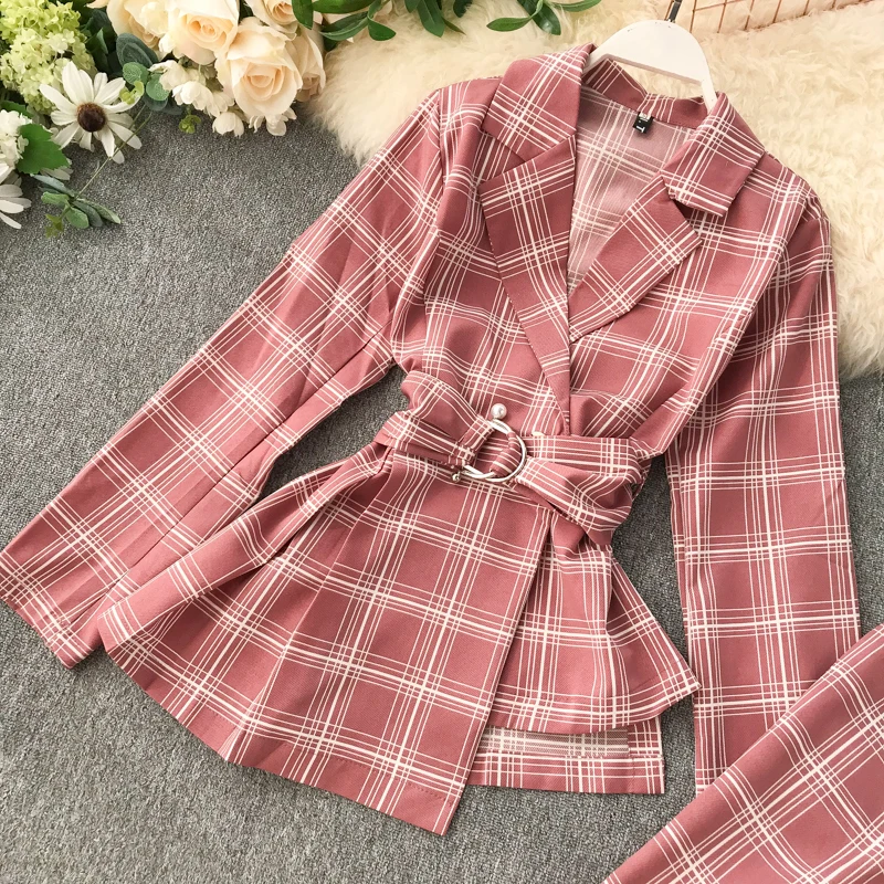 Neploe Temperament Office Work Style 2 Pcs Women Set Slim Waist Plaid Irregular Blazer+ High Waist Hip Horn Trousers Autumn47334