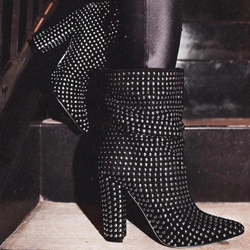 

Plus Size 42 Luxury Design Boots Women 11cm High Heels Fetish Block Rivets Studded Heels Ankle Boots Chunky Stripper Black Shoes
