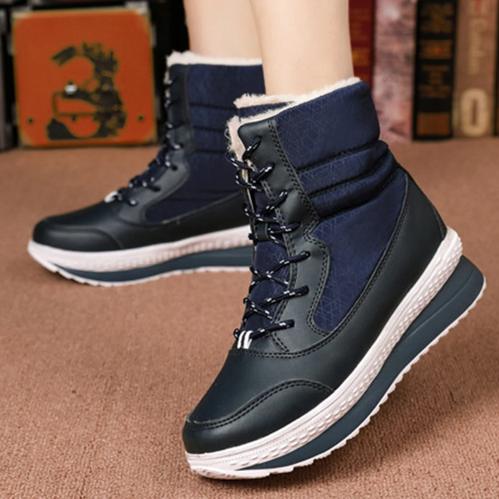 SARAIRIS Winter Waterproof Snow Boots Woman Add Fur Warm Ladies Shoes Woman Fashion Thick Heels Lace Up Boots Female Size 35-42 - Цвет: Синий