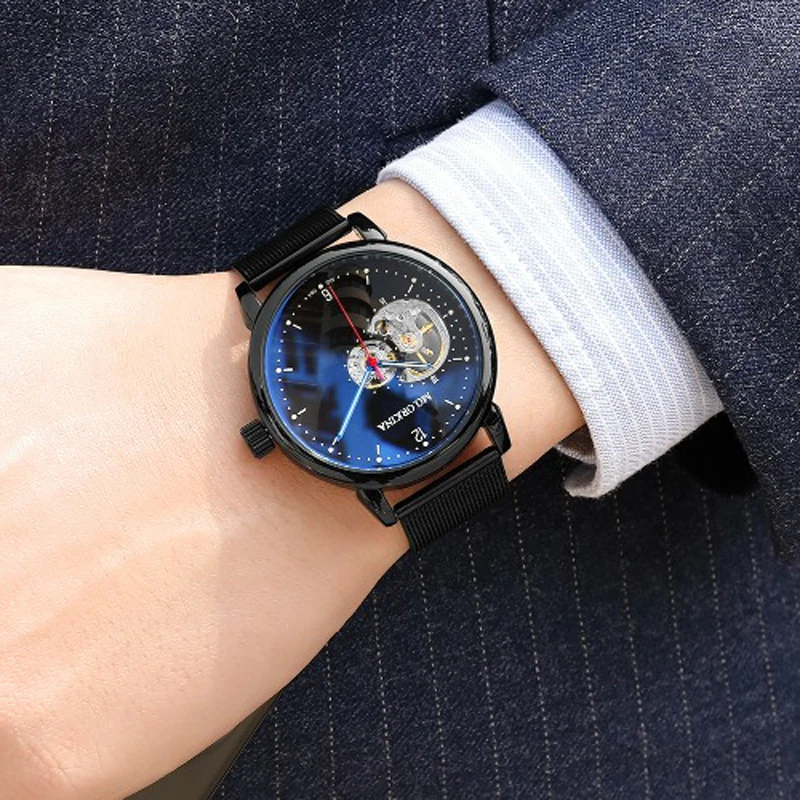 ORKINA Luxury Brand Watches Men Automatic Self-Wind Black Stainless Steel Band Skeleton Mechanical Wristwatches Relojes Hombre