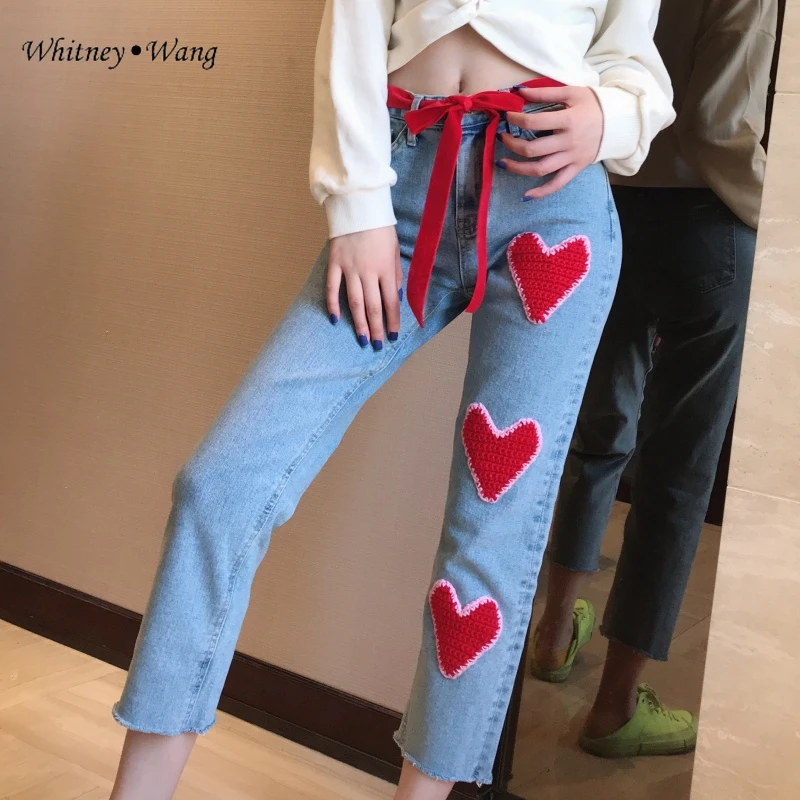 WHITNEY WANG осенние модные уличные трикотажные джинсы с милым сердцем и вышивкой Женские джинсовые брюки с бархатный пояс