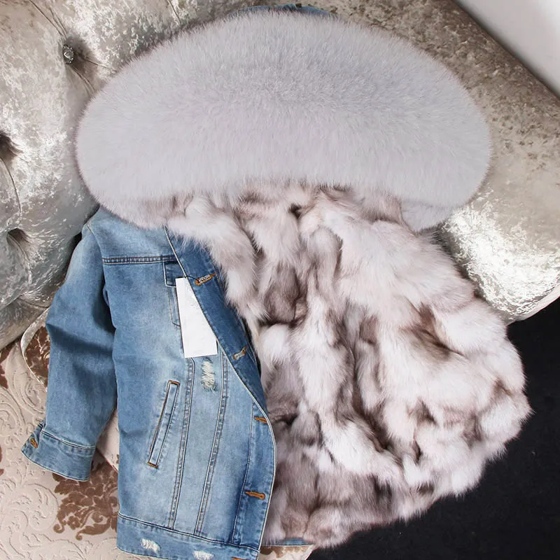 

2020 real fox fur jacket new denim jacket real fur coat for women outerwear streetwear fashion thick warm fashion