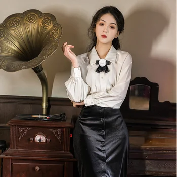 

White Shirt Blouse and Black Mid-calf Women 2 Piece Outfits Women Skirt and Top Set Full Sleeve Empire Velvet Lace Skirt
