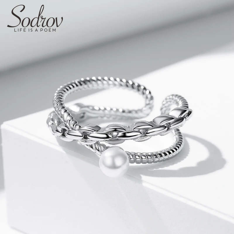 SODROV Adjustable Engagement Wedding 925 Sterling Silver Pearls Ring Jewelry For Women