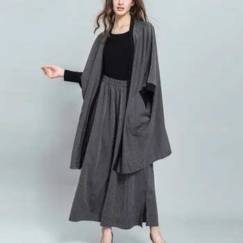 

LANMREM New clear stocks Fashion Three Quarter Batwing Sleeve V- Collar Striped Coat Elastic Waist Pants Casual Suit Women AC527
