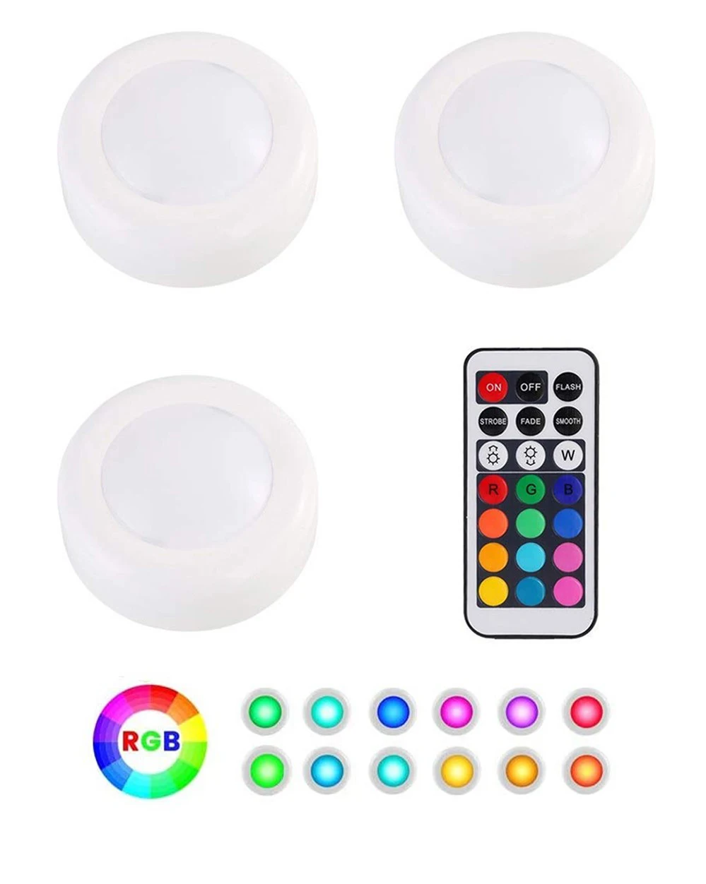 

12 Color 3 Pack Wireless LED Puck Dimmable Under Cabinet Light with Remote Control Battery Powered Closet Lights for Kitchen