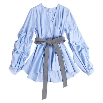 

Shirts Women 2020 New V Neck Long Sleeve Striped Top Fashion Lace-up Waistbelt Spring Clothes for women