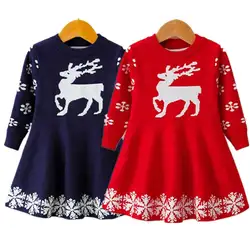 Детские платья для девочек длинный рукав олень; Снежинка платье с принтом новогодние костюмы платье принцессы Рождественская одежда для