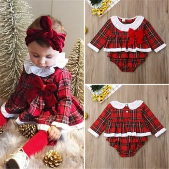 

2019 Xmas Newborn Baby Girl Clothes Set Plaid Ruffle Tutu Romper Dress Outfit Clothing 0-24 Months