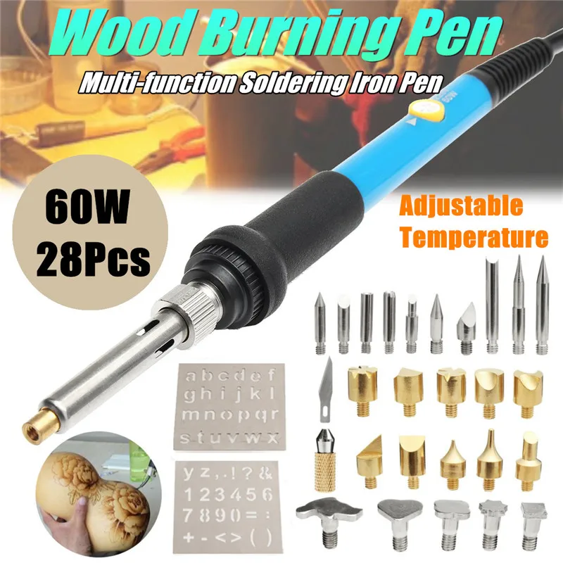 

28Pcs/Set 110V 60W Electric Soldering Iron Tools Set Wood Burning Pyrography Engrave Solder Tool Kit Brass With Tips US Plug