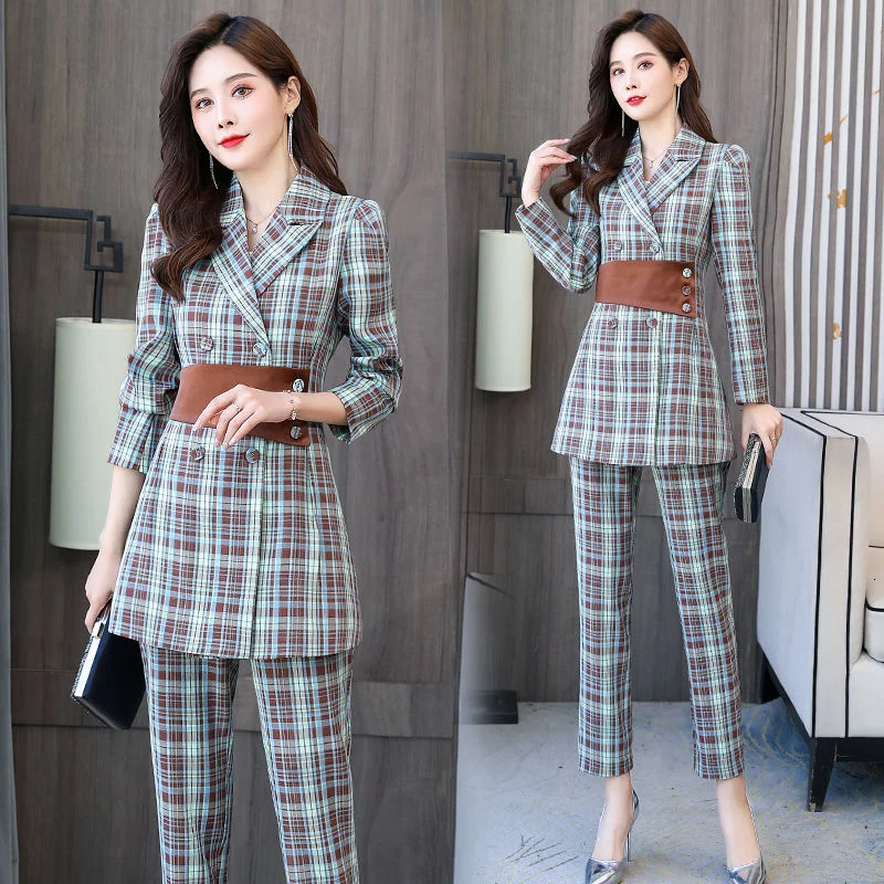 

Women's Office Suit Notched Plaid Two-Piece Sets Female Blazer Elegant Temperament Pantsuit Setup Ladies Spring And Autumn