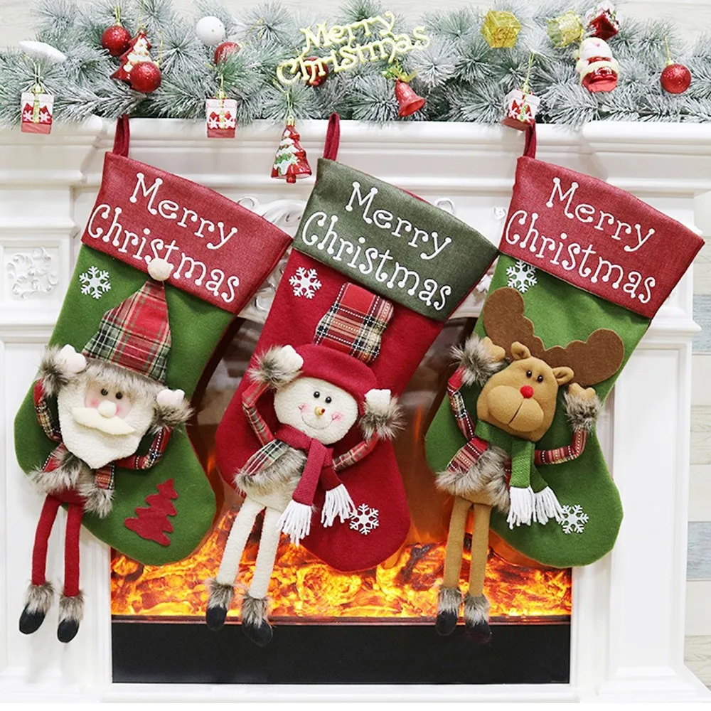 

Christmas Sock Gift Bag Sock Shaped Candy Gift Bag with Santa Claus Snowman Reindeer Dolls DIY Christmas Tree Hanging Ornaments