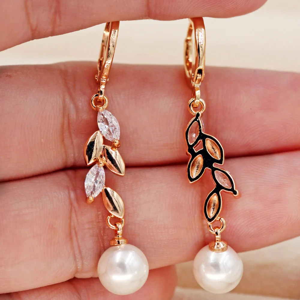 Bohemian Dangle Drop pearl Earrings for Women 's earrings white zircon stone Gold filled leaf Jewelry Party Wedding accessories