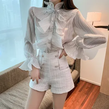 

Western Style French Style Small Group Sparkling Sequins Bow Tie Shirt Ruffle Long Sleeve Shirt Fashion Girl
