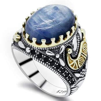 New Fashion Türkiye Men's Handmade Ring S925 Sterling Silver Natural Kyanite Luxury Religious Muslim Islamic Jewelry Party Gift
