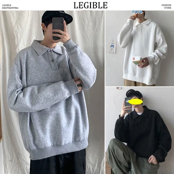 

LEGIBLE Spring Autumn Hoodies Men Hip Hop Loose Turn-down Collar Sweatshirts Fashion Solid Thicken Warm Pullovers Men