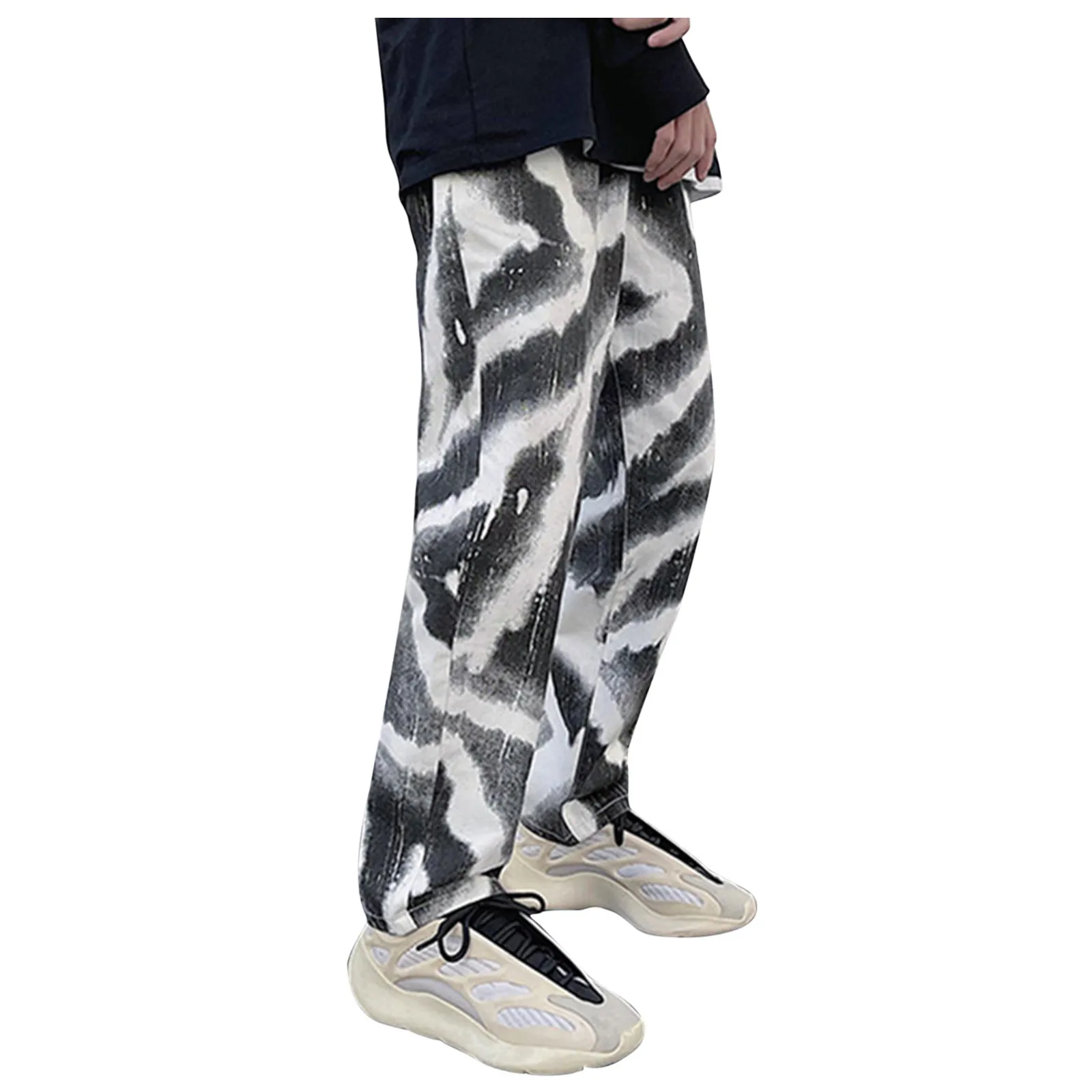 2021 New Fashion Men's Wide Leg Pants Casual Print Denim Straight Pants Drawstring Pocket Jeans Trousers High Quality #01 1