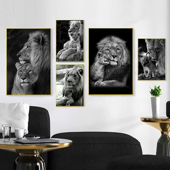 

Black and White African Wild Lion Family Posters and Prints Canvas Painting Animal Wall Pictures for Living Room Decoration