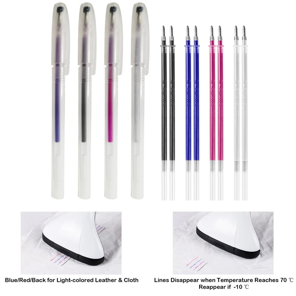 Fabric PU Leather Sewing Tools Black, 10PCS Refil 1Pc Heat Erase Pens with 10 Heat Erasable Fabric Refills Marking for Sewing Quilting and Dressmaking