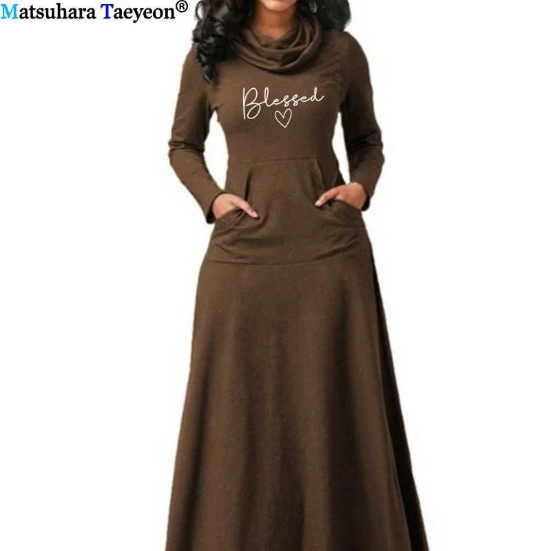 Blessed Letter Print Dress Women With Pocket Long Sleeve Christian 90s Girl Aesthetic Faith Jesus dresses Long Elegant 5
