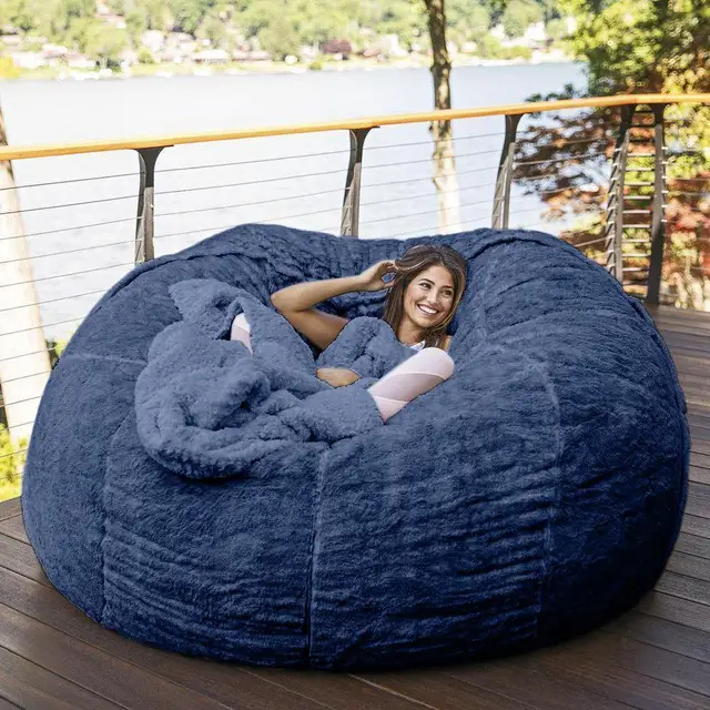 Dropshipping Giant Fur Bean Bag Cover Big Round Soft Fluffy Faux Fur BeanBag Lazy Sofa Bed Cover Living Room Furniture navy blue 150X75cm