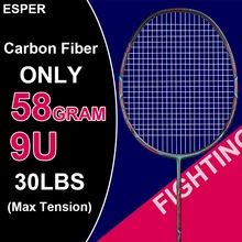 Esper профессиональная ракетка для бадминтона из углеродного волокна 58 г 9U, сверхлегкая графитовая ракетка со шнурком 30 фунтов для взрослых Esper профессиональная ракетка для бадминтона из углеродного волокна 58 г 9U, сверхлегкая графитовая ракетка со шнурком 30 фунтов для взрослых
