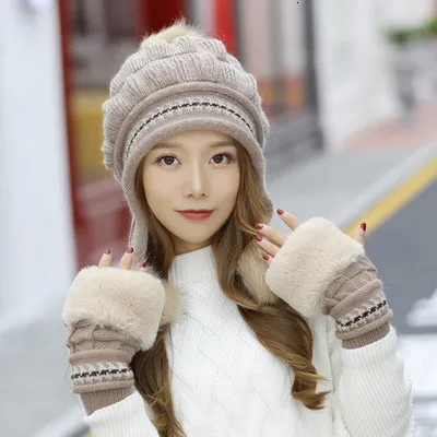 Теплый лыжный бренд для девочек с помпонами из кроличьего меха, теплые перчатки+ вязаная шапка, зимняя женская шерстяная Круглая Шапочка, шапка, толстая женская шапка - Цвет: Khaki