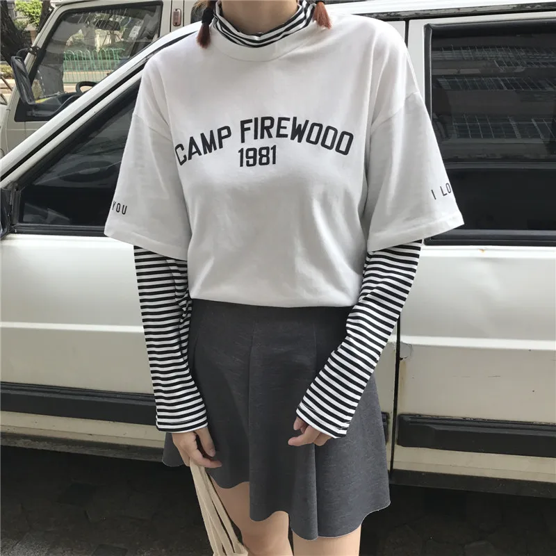 

2020 Letter Printed New Chic Loose Turtleneck Basic Girls T-Shirt Patchwork Women Autumn Korean Tops Striped Loong Sleeve